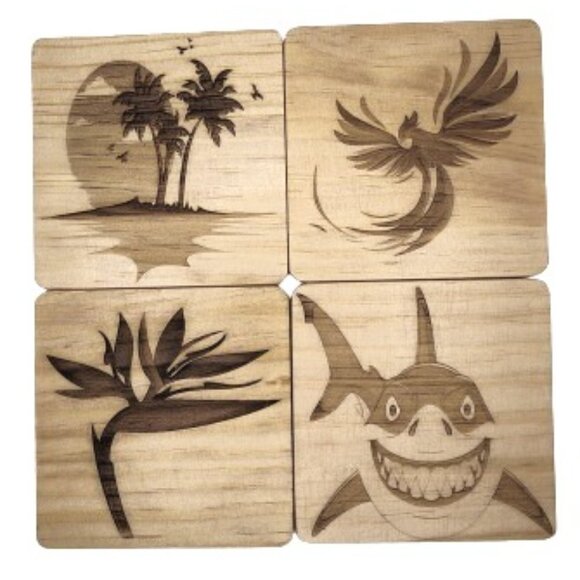 4" Wood Engraved Coasters. The Phoenix, Bird of Paradise, Shark, Tropical Island - Picture 1 of 8